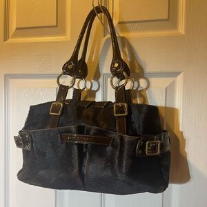 Plinio Visona  leather Brown Calf Hair Patent trims Shoulder Bag Gold Hardware